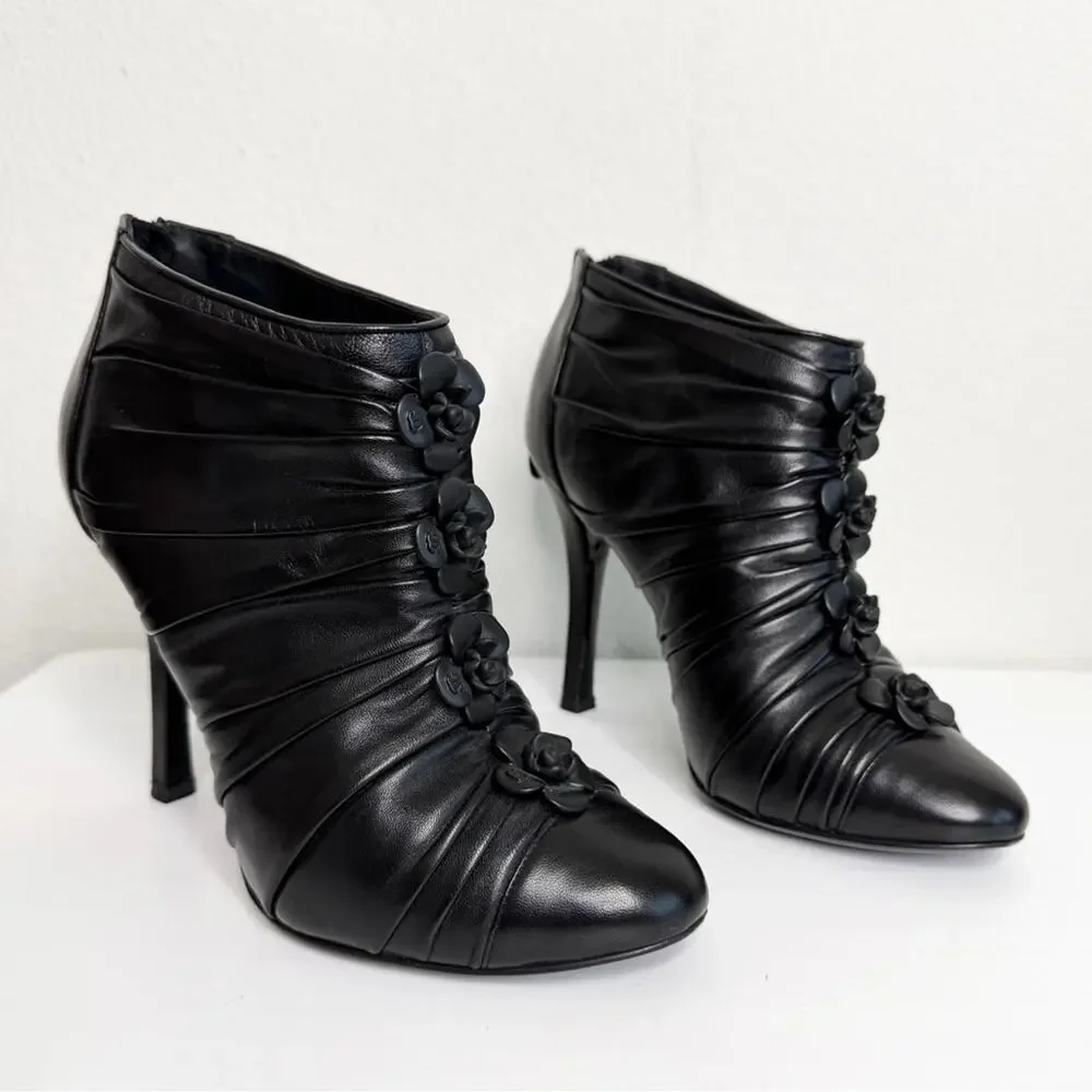 CHANEL Black Ankle Booties Cap Toe Size 37.5 Camellia Flower